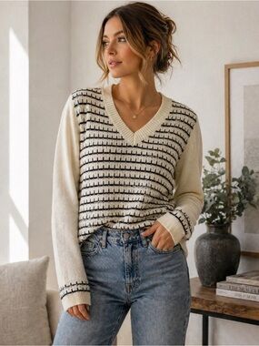 Maude Vivante M Cream Black Striped V Neck Sweater Soft Minimalist Cozy Knit